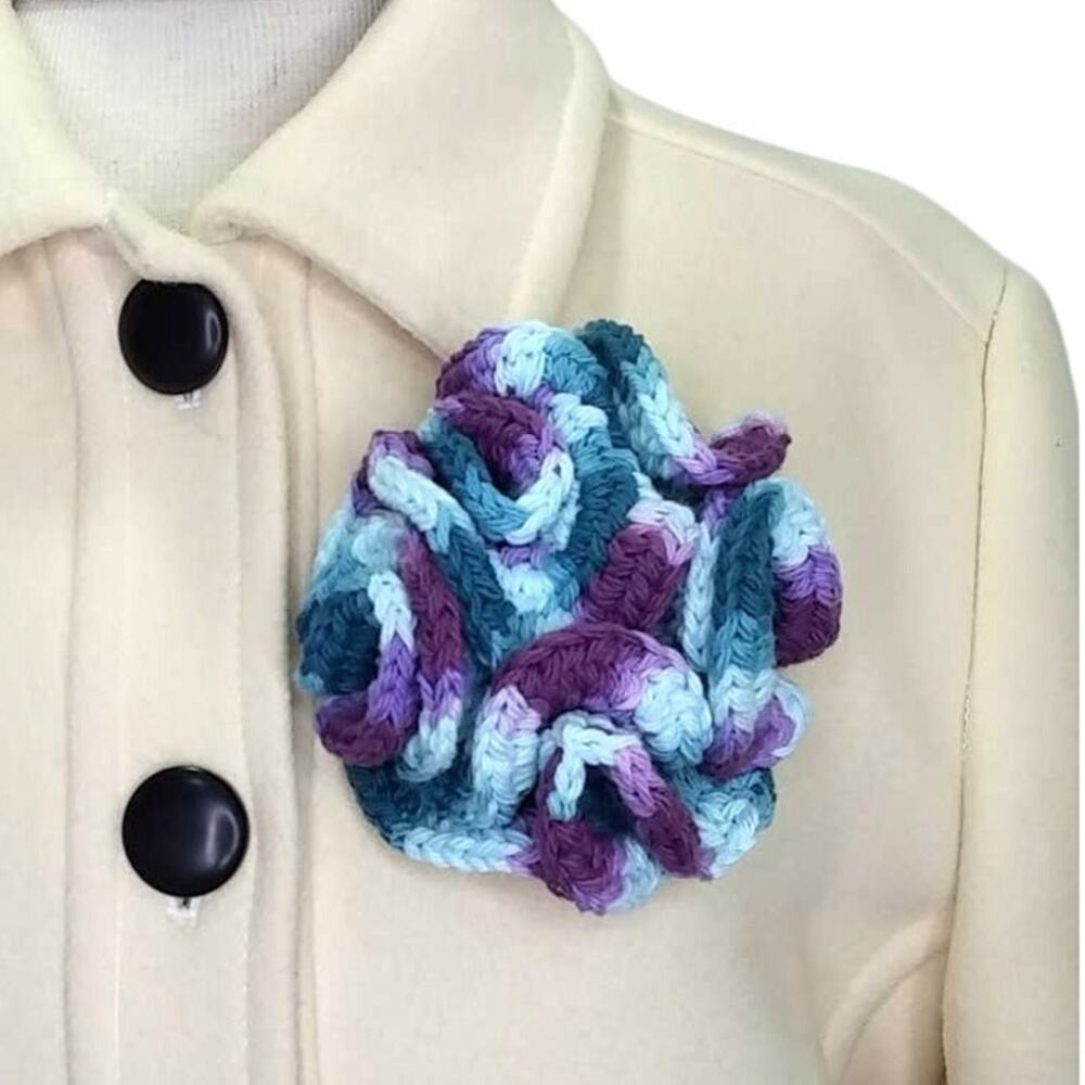 Handmade Hyperbolic Crochet Flower Brooch Ruffled Statement Pin 3D Purple Green